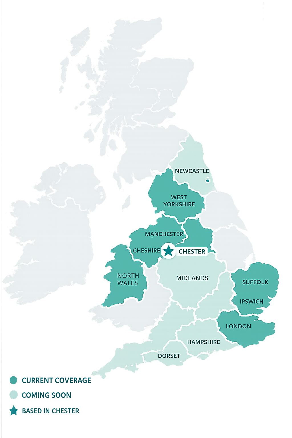 Map of the United Kingdom highlighting GLR Energy coverage regions, with a star marker on Chester